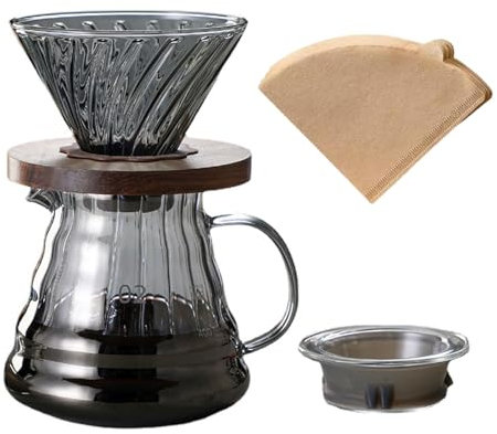 BeeCa Pour Over Coffee Maker, 20oz / 600mL Drip Coffee Maker set, Coffee Dripper with V60 Paper Filter, Walnut Handle & Glass Lid, Borosilicate Glass Carafe for Home office Café (Grey)