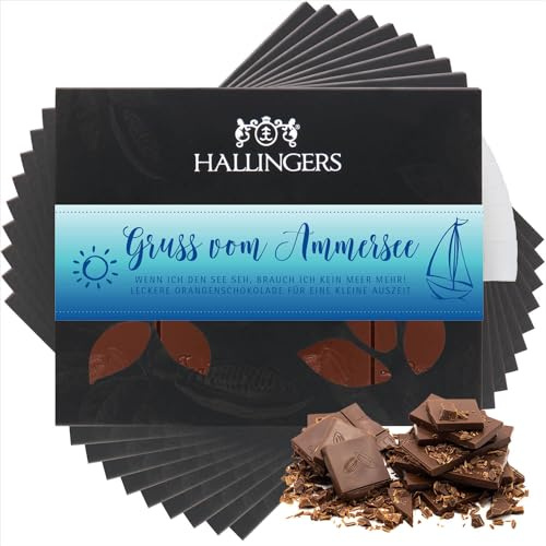 Hallingers Genuss Manufaktur Schokolade Geschenk - Tafel Edelkakao handgeschöpft ohne Alkohol edler Karton 10x Gruß vom Ammersee Orange, Geschenkidee für Frauen Männer