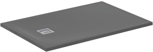 Ideal Standard - Ultra Flat S+, Plato de ducha rectangular ultrafino de resina efecto piedra, 120 x 80 cm, Ideal Solid, desagüe lado corto, gris cemento