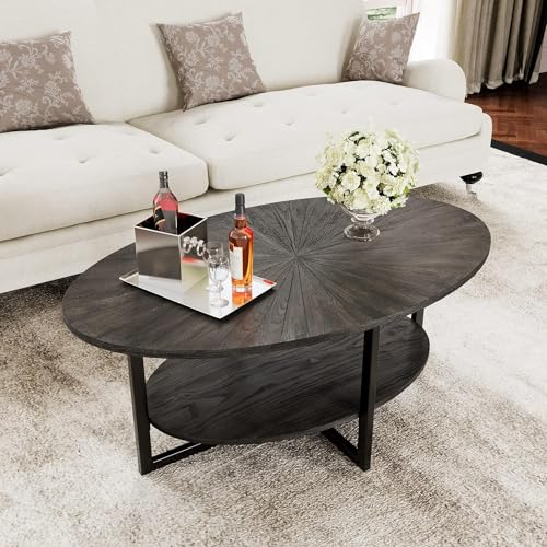 PADMA HOUSE Table basse ovale en bois massif avec pieds en métal croisé, 110 cm, table centrale industrielle moderne avec étagère ouverte, table à cocktail, table à thé, pour salon, chambre à coucher