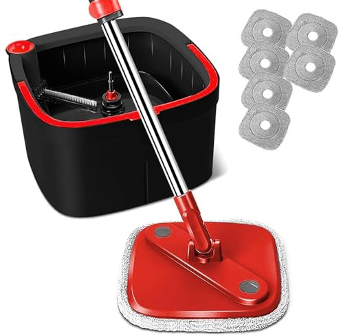KZKR Spin Square Mop and Bucket Set M16 with Microfibra Replaceable Pads and Separate Dirty Water System, Self Wringing 360° Rotating Mops for Home Floor Cleaning (Mop and Bucket Set (6 Pads))