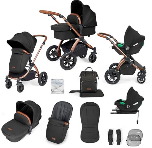 Ickle Bubba Stomp Luxe 12pc Travel System with i-Size Cirrus Car Seat & ISOFIX Base - All-Terrain Pram, Reversible Seat, Carrycot, UPF 50+ Hood, Rain Cover & Accessories (Bronze/Midnight/Tan)
