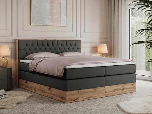 MKS MEBLE King Boxspringbett 180x200 mit Bettkasten Eiche, Polsterbett 180x200 mit Matratze H4, Bett 180x200 mit Kopfteil, Bett mit Holzrahmen in Wotan Eiche - Dunkelgrau Kunstleder - Amore King