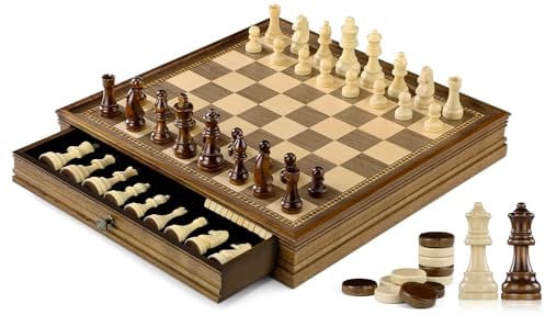 Peradix 38CM/15IN Magnetisch Schachspiel mit Dame aus Holz, 2 in 1 Schachbrett mit Lagerschublade und 2 Königin, Reiseschach Holz Hochwertig Schach Spielzeug für Kinder und Erwachsene