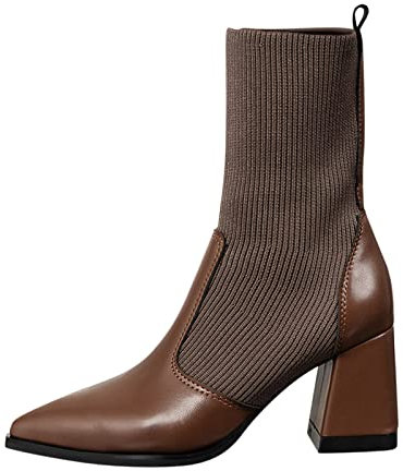 Stivali da donna e stivaletti invernali con zeppa tacco grosso tacco medio a punta scarpe in tessuto tinta unita stile casual stivali con pile, Marrone, 39 EU