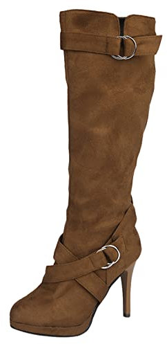 Stivali alti al ginocchio da donna, stivali con tacco alto da donna, stivali invernali alla moda retrò a radice alta, stivali dimagranti da donna, comodi stivali con tacco alto a blocco con fibbia in