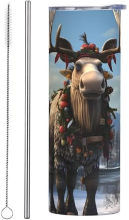 YYHHAOFA Lustiger Weihnachtsbecher mit Elchmuster, hochwertiger Stahlbecher mit Deckel, 590 ml, mit Strohhalm, geeignet für Cafés, Büros, Autos, Häuser