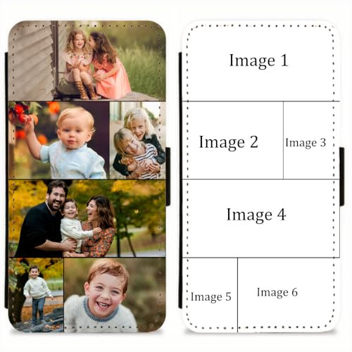 EKAM Personalised Case For iPhone 16, 15, 14, Pro, Max, Mini, Plus 13, 12, 11, X, XS, XR, SE, 8, 7 - Custom Photo/Image Collage Layout Design on PU Leather Wallet Magnetic Flip Folio Cover (6 Images)