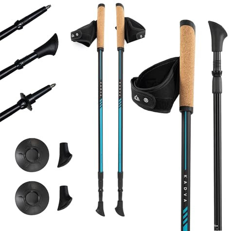KADVA Nordic Walking Stöcke Luna Blau, verstellbare Größe 69-135 cm Drehverschlusssystem für sicheren und einfachen Längenwechsel Griff aus strapazierfähigem PP und Kork