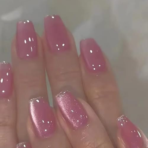 GlamRays Lot de 24 faux ongles roses à presser, brillants, avec design à paillettes, couverture complète