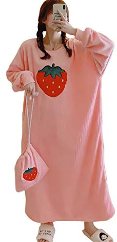 ETANULPEX Chemise de Nuit surdimensionnée for Femmes coréennes, Pyjama de Loisirs d'hiver en Corail, vêtements de Nuit brodés de Fruits avec Sac de rangement/566