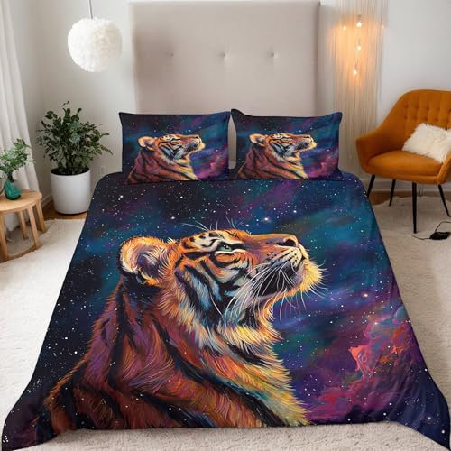 Bettwäsche 135x200 cm 3D Tier Tiger Sternenhimmel Druck Kinder Bettwäsche-Sets 3teilig Mikrofaser Bedding Bettbezug 135x200 Weich Bettbezüge + 2 Kissenbezüge 80x80 Mit Reißverschluss Eckbinder