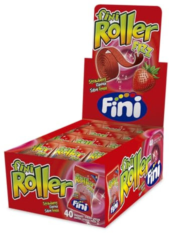 Fini - Roller fraise réglisse | Langue roulée avec sucre | Bonbon dans un étui de 40 unités | saveur fraise.