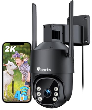 Ctronics 4G LTE Cámara Vigilancia con Tarjeta SIM, 2K PTZ Camara Exterior sin WiFi, AI Detección Humana & Seguimiento Auto, 24/7 Grabación Continua, Visión Nocturna a Color, PC/Cloud/TF/FTP, IP66