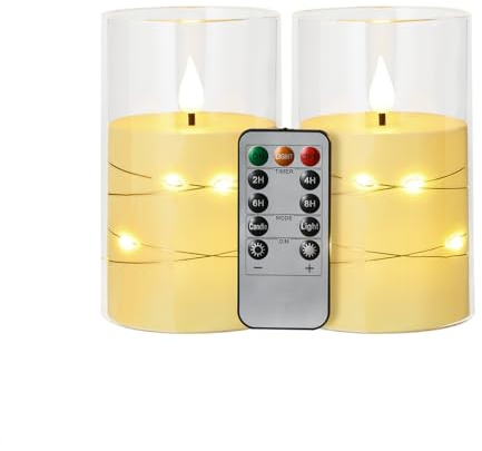 Koelaa 2er Set Flammenlose Kerzen mit Eingebauter Lichterkette & 3D-Flammeneffekt, Säulenkerzen aus Bruchfestem Acryl, mit Fernbedienung, Batteriebetrieben für Weihnachten, Tischdeko - 7,5 x 15 cm
