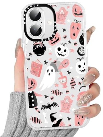 Yoedge Transparent Handyhülle Halloween für iPhone 16 Horror Handy Hülle, Aesthetic Schleifen Muster Gruselig Design Mädchen Geschenk Schutzhülle, Silikon Case Cover für iPhone 16 6,1,Kürbis