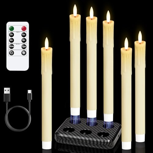 Eldnacele LED Stabkerzen mit Timerfunktion, 6er Set mit Tropfwachs-Design | Elektrische Kerzen mit Fernbedienung, flackernde 3D-Flamme, elfenbeinfarben, batteriebetrieben, Weihnachtsdeko und Hochzeit