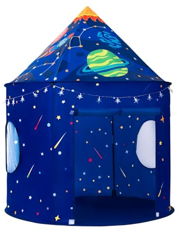 ROIWUIE Rocket Space Ship Play Tent for Kids with Star Lights, Astronaut Themed Pop-Up Playhouse for Indoor & Outdoor, Foldable Space Adventure Gift for Boys and Girls