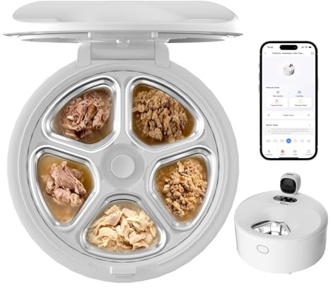 Catboxy Automatic Cat Feeder Wet Food Monitored Automatic Cat Feeder Two-in-One Refrigerated Auto Cat Feeder with Semiconductor Cooling 5 Fresh Meals App-Controlled Easy to Clean(white)