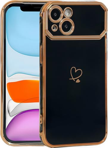 Skyhewen iPhone 13 Case, iPhone 14 Case for Women Girls, Flexible Soft TPU Silicone Protective Phone Cover with Love Hearts Pattern Plated Gold Frame Shockproof Bumper Case for iPhone 13/14, Black