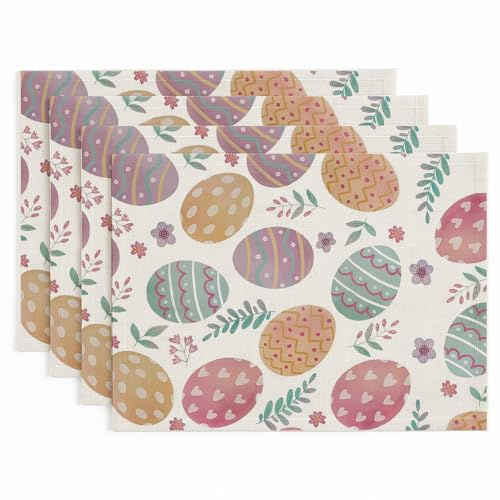 Vorysum Ostern Platzset 32x45 cm – Tischset mit bunten Ostereiern und Blumenmotiven, 4er Set aus Leinen, Tischdekoration für Ostern