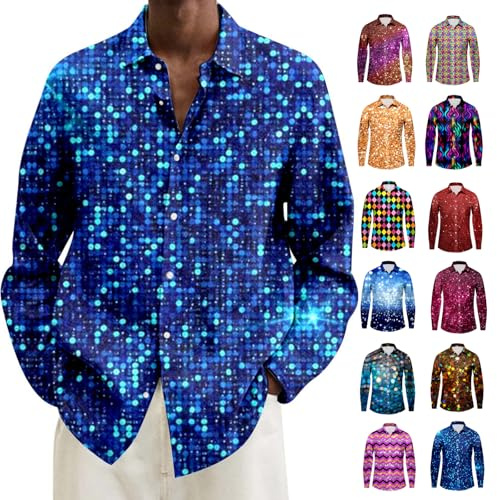 Druck Glitzer Hemd Herren 70er 80er Jahre Outfit Pailletten Langarm Hemd Disco Outfit Hip Hop Hippie Party Glitzerhemd Mottoparty Kostüme Karneval Herrenhemd für Discokugel Nachtklub Musikfestival