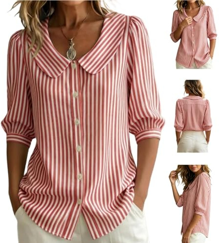 HFDHD Women's Retro Peter Pan Collar Striped Cotton Linen Shirt,3/4 Sleeve Button Down Blouse,Lightweight Breathable Tunic Top