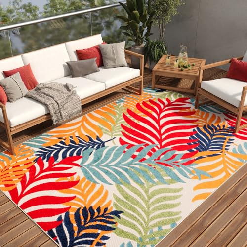 TAPISO Patio Outdoor Teppich Mehrfarbig Tropisch Palmen,Wetterfest und Pflegeleicht,UV-Fest - Ideal für Terrasse Balkon Garten 180 x 270 cm