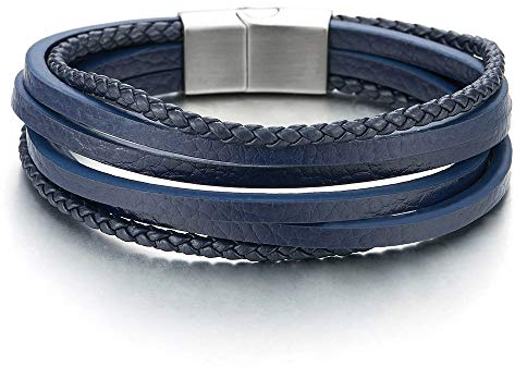 COOLSTEELANDBEYOND Herren Damen Multi-Strang Navy Blau Lederarmband Armband Geflochtene Echtes Leder Schweißband Edelstahl Magnetverschluss