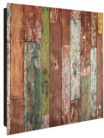 banjado® Großer Schlüsselkasten Glas/Schlüsselbox 30cm x 30cm mit 50 Haken - Motiv Buntes Holz/Schlüsselkasten modern für Schlüsselaufbewahrung mit beschreibbarer, magnetischer Glastür