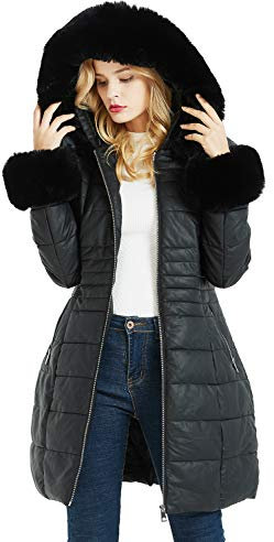 Geschallino Piumino Lungo da Donna Cappotto Parka con Inverno Imbottitura Bolle con Collo in Pelliccia Sintetica Rimovibile SS804 Nero M