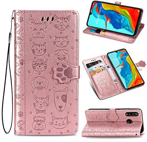 SATURCASE Coque pour Huawei P30 Lite, Chien Chat PU Cuir Magnétique Flip Portefeuille Support Porte-Carte Protecteur Housse Étui avec Dragonne pour Huawei P30 Lite (CD-Or Rose)