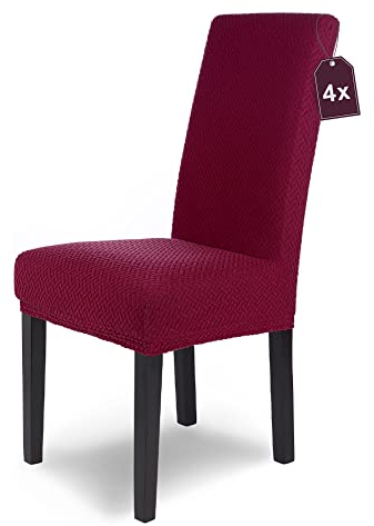 SCHEFFLER-Home Stuhlhussen Stretch Luna/Stuhlhussen Rot 4er Set/elastische Flanell Stuhlabdeckungen/Stuhlhussen Schwingstühle 4er Set/Hussen Stuhl Überzieher mit Gummiband/Stuhlhussen Samt