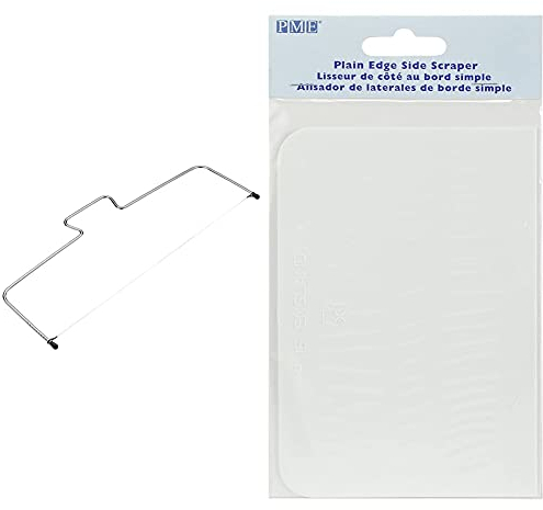 KitchenCraft Sweetly Does It Cake Leveller/Layer Cutter Wire, Carbon Steel, 40 cm & PME PS40 Plain Side Plastic Scraper 5.3 x 3.7-inches, White