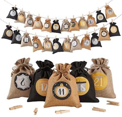 Adventskalender zum Befüllen, Gedruckte Weihnachtskalender Jutesäckchen Selberfüllen, 24 Groß jutebeutel Kette zum selber befüllbar und Aufhängen, 2025 Geschenksäckchen für Kinder (Schwarz)