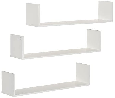 HOMCOM Set of 3 Wooden U-Shaped Floating Shelves Set Wall Mounted Hanging Bookshelf CD DVD Storage Display for Bedroom Living Room Kitchen, White