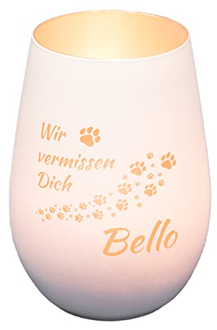 Windlicht aus Glas graviert mit Wunschnamen für Haustier | Hund | Andenken | personalisiert | Trauergeschenk | Teelichtglas | Teelichthalter | Grablicht (Hund, Weiß/Silber)