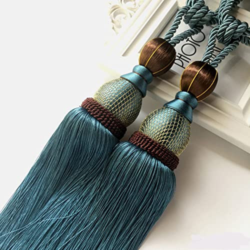 DAZZLEEX Handgefertigte Vorhang-Clips, Seil, Raffhalter, 2 Stück, große Raffhalter, Kugelquaste, Vorhangseil, Raffhalter, Blau