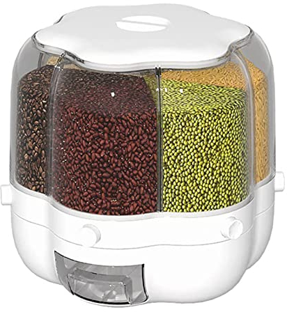TRANSIMAGINE Dispensador de arroz redondo de 6 rejillas, cubo giratorio de 360°, contenedor de almacenamiento de arroz transparente, contenedor giratorio para alimentos secos, frutas, cereales,