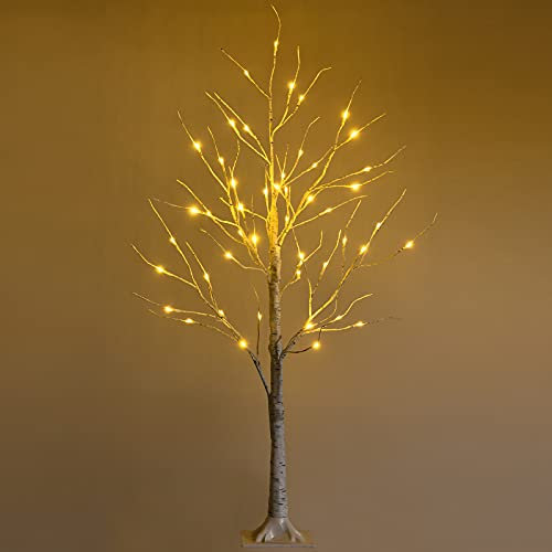 GYMAX Árbol de Navidad 120/150/180 cm, Abedul Iluminado con 48/72/96 Luces LED Blanco Cálido, Árbol de Navidad de PVC, Decoración Brillante para Navidad, Hogar (120 cm)