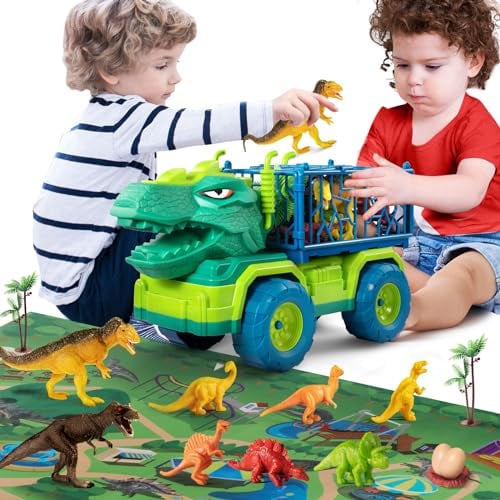 TEMI Dinosaurier LKW Spielzeug für Kinder 3-5 Jahre, Tyrannosaurus Transport Auto Träger LKW mit 8 Dino Figuren, Aktivität Spielmatte, Dinosaurier Eier, Bäume, fangen Jurassic Spiel Set für Jungen