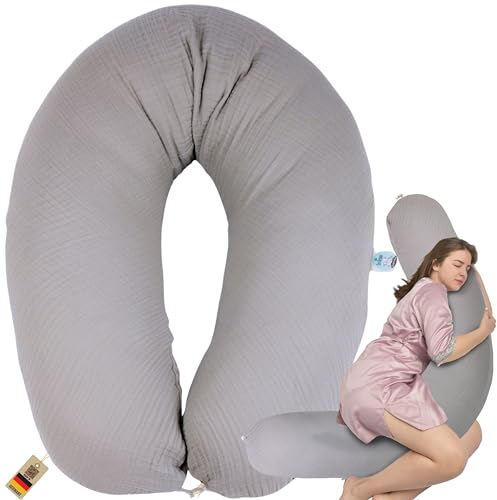 sei Design Stillkissen Mikroperlen XXL Lagerungskissen Schwangerschaftskissen Seitenschläferkissen 190x30 cm groß (Bezug Musselin Taupe, Füllung EPS Mikroperlen)