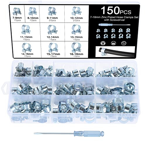 Faankiton 150 Stück 7-18mm Schlauchschellen Set, Kraftstoffleitung Schlauchschellen Wasserrohr Luftschlauch Verzinkt Silikon Vakuum Schlauchschelle Befestigung mit 1 Stück Schlitzschraubendreher