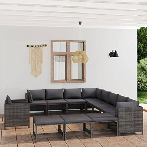 Yolola Rattan Gartenmöbel Set Lounge L Form Grau 12-TLG Ecklounge Sofa Rattan Sitzgruppe Lounge Rattanmöbel Gartenlounge Outdoor Gartengarnitur 3X Eckteil+ 5X Mittelteil + Sessel+ 3X Fußstütze