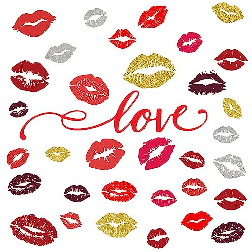 SUPERDANT Liebeslippen Wandaufkleber 34 Stück Rot Silber Wandsticker Gold Braun Küsse Wandtattoo Selbstklebende Vinyl Wandsticker Valentinstag Trendig Für Zuhause Wohnzimmer Schlafzimmer Dekoration