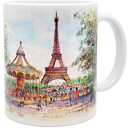 DESSAPT Arts - Paris, le Carrousel de la Tour Eiffel en Aquarelle - Mug Céramique 325 ml - Tasse-Cadeau Unique avec les Magnifiques Paysages Parisiens - Imprimé en France - Blanc Brillant