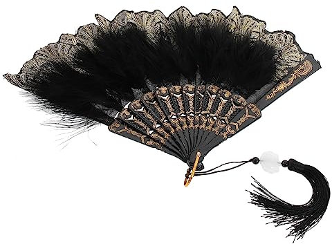 ULDIGI Fächer Retro-Dekor Handgehaltene Fächer Spitzenbesatz Federfächer Für Hochzeit Dekorativer Faltfächer Hochzeitsfederfächer Japanische Lupine Make-Up Dekorieren Metall
