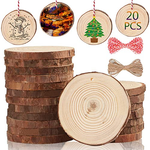Miaikoe Natürliche Holz Scheiben 20pcs 9-10 cm Unfinished DIY Handwerk vorgebohrt mit Loch Runde Holzkreise für Kunst Rustikale Holz Scheiben Weihnachtsschmuck Dekor