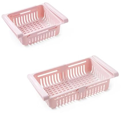 Cyrank Kunststoff-Unterregal-Kühlschrank-Organizer-Box, Ausziehbare Schublade, Kühlschrank-Aufbewahrungsbox, Platzsparender Gefrierschrank-Regalhalter Für Obst Und Gemüse(Rosa)