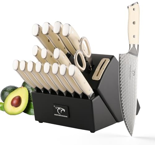 NANFANG BROTHERS Kitchen Knife Set, 19 Piece Damascus Steel Steak Knife Set VG10 Professional Knife Set Wooden Base,Damascus Professional Knife Damascus Steel